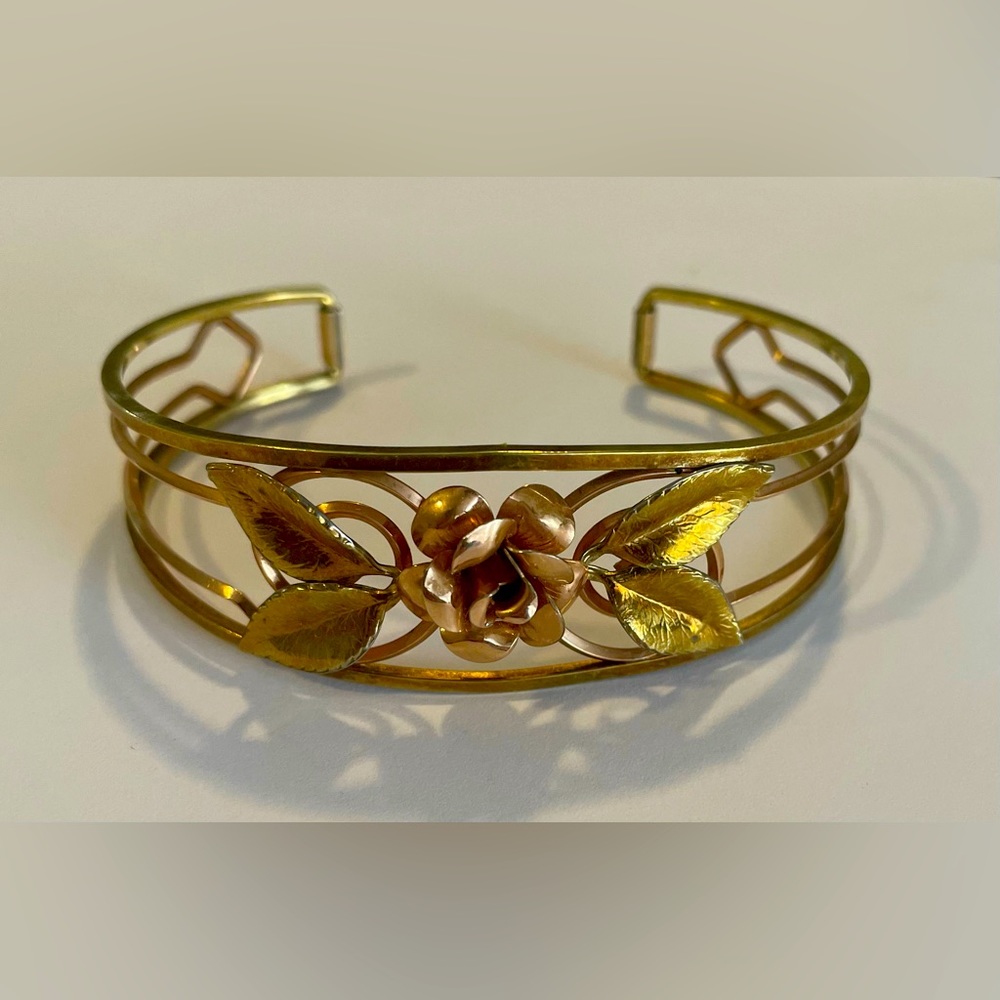 Vintage Krementz Rose yellow gold and Leaves Gilded Cuff Bracelet